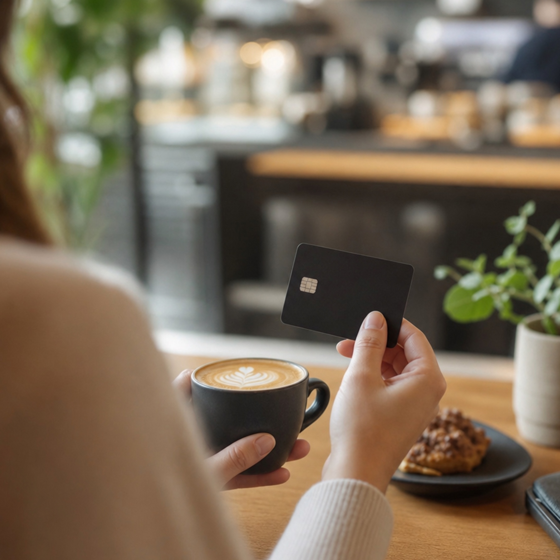 Coffee cup beside a membership card on a café table