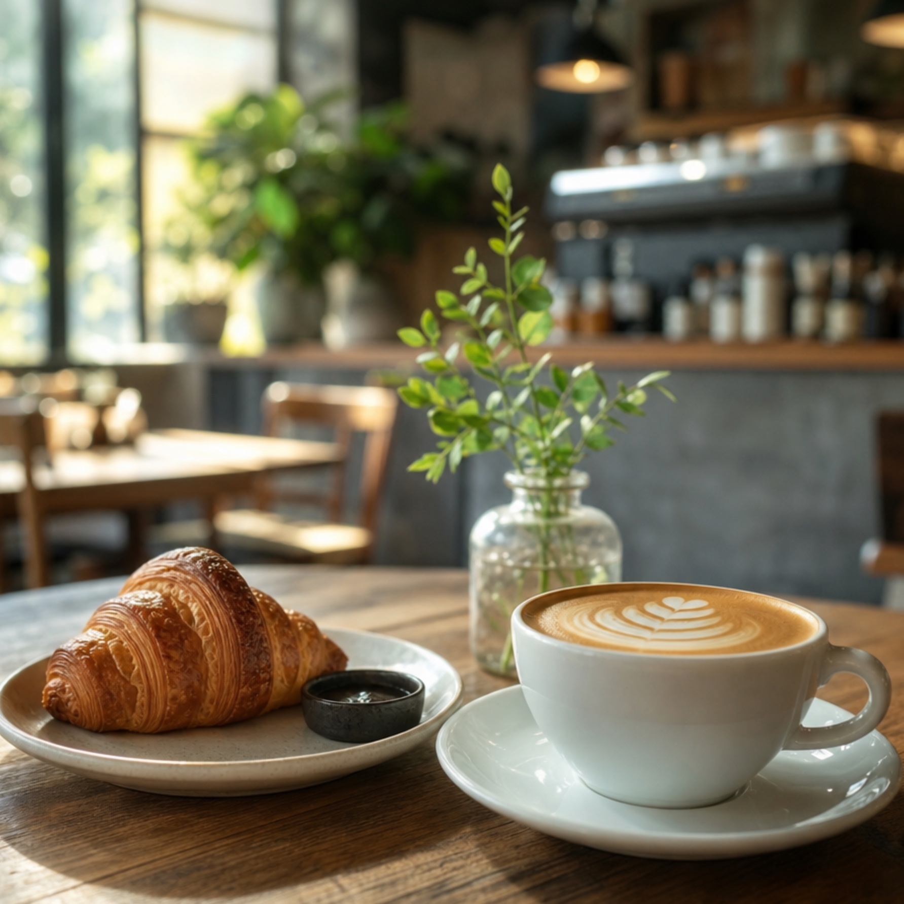 Cozy coffee shop interior with tables, chairs, and a service counter